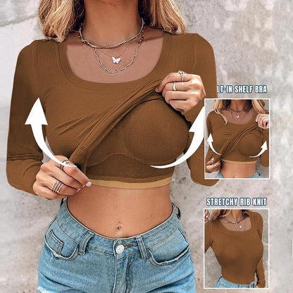 ⏳LAST DAY SALE 50% OFF!🔥Neck Built-in Bra Long Sleeve Ribbed Top Shirts Elegant Skinny Fit Fabric💥