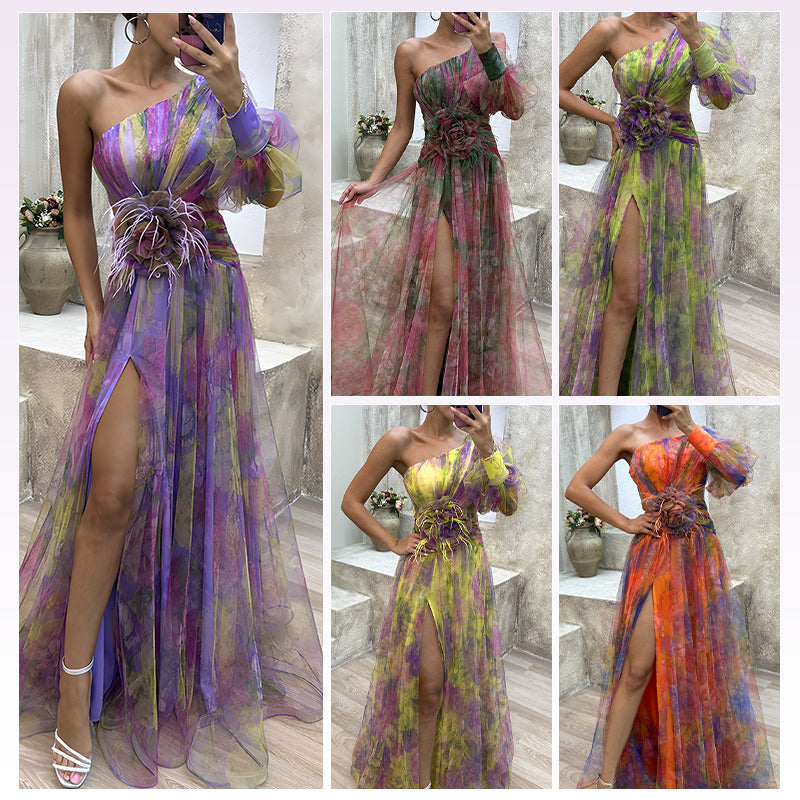 🎉🛍️Hot Promotion 50% OFF💃 Multicolor Asymmetric Party Dress With Flower Details