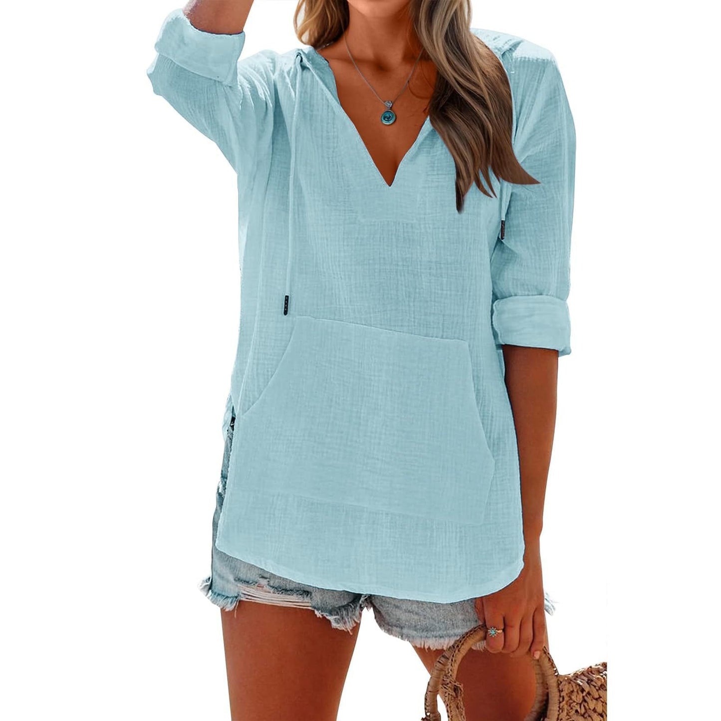 ⏰Limited Time Sale-50% OFF🏖️Women's Oversized Hooded Beach Cover Up - Long Sleeve V-Neck Pocket Shirt
