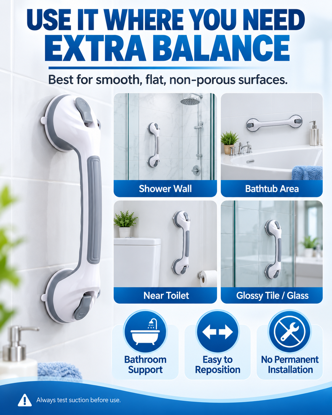 🚿 50% OFF! ✨ Suction Cup Grab Bar – Tool-Free No-Drill Install on Tile & Glass, Strong Vacuum Hold, Removable & Reusable – Extra Balance Support for Bathroom Safety 🔒