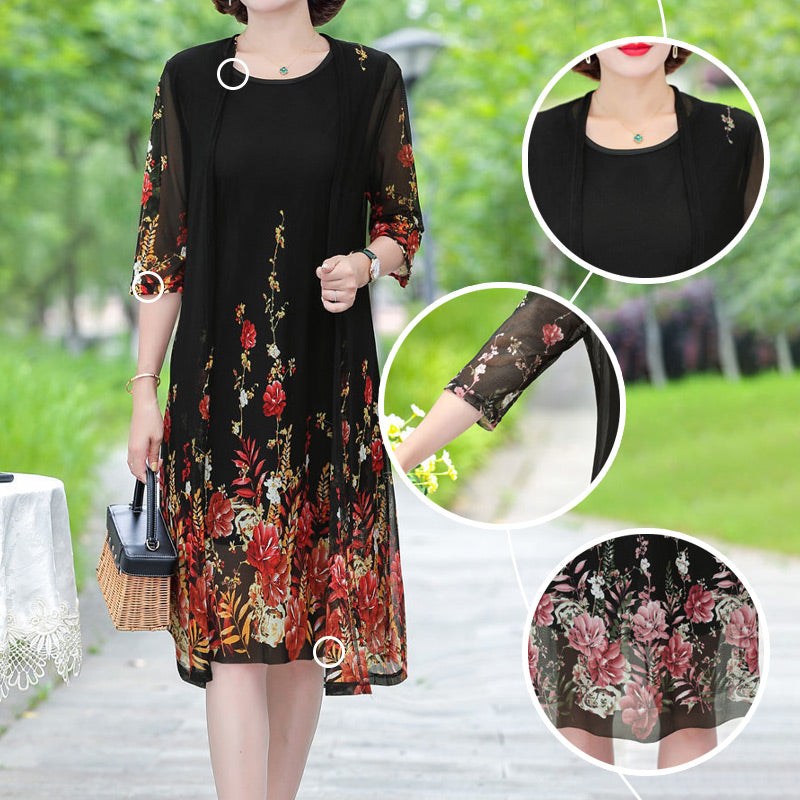 Elegant Lace Floral Dress 3/4 Sleeve Cardigan 2 Piece Set