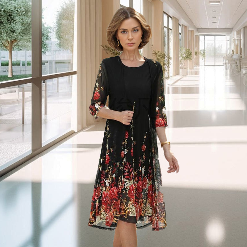 Elegant Lace Floral Dress 3/4 Sleeve Cardigan 2 Piece Set