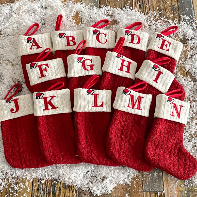 🔥Hot Sale🔥Cozy Knit Socks, Embroidered Candy Gift Bag, Letter Christmas Stocking