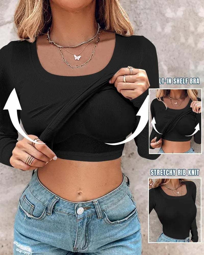 ⏳LAST DAY SALE 50% OFF!🔥Neck Built-in Bra Long Sleeve Ribbed Top Shirts Elegant Skinny Fit Fabric💥