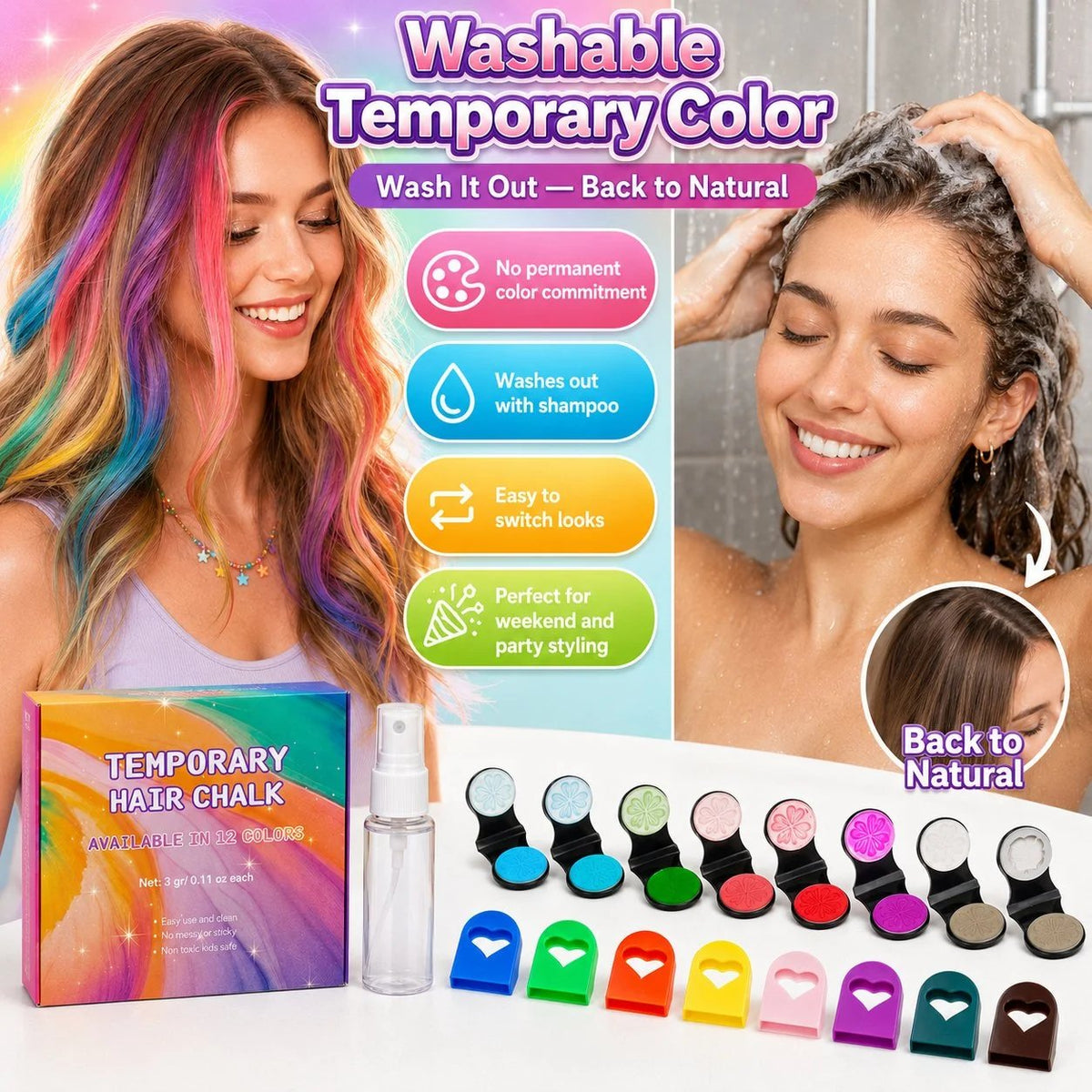 ⏳Time-Limited Special⏰12-Color Temporary Hair Chalk Applicator Set🎁-Ready for Christmas!🎅