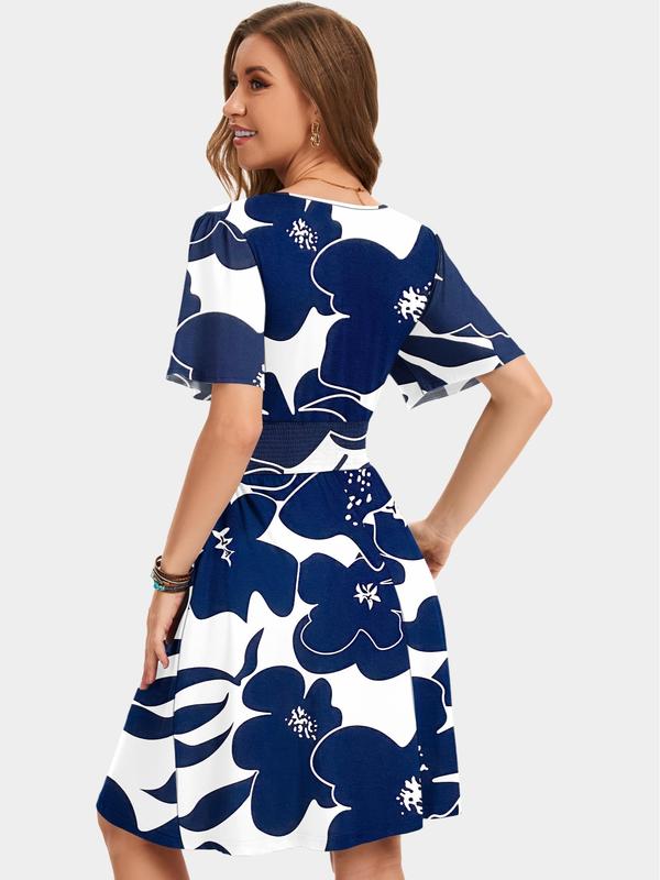 💃Summer Hot Sale 50% OFF🌈Women's Ruffle Sleeve Sexy Sundress Floral V Neck Short Wrap Dress with Pockets