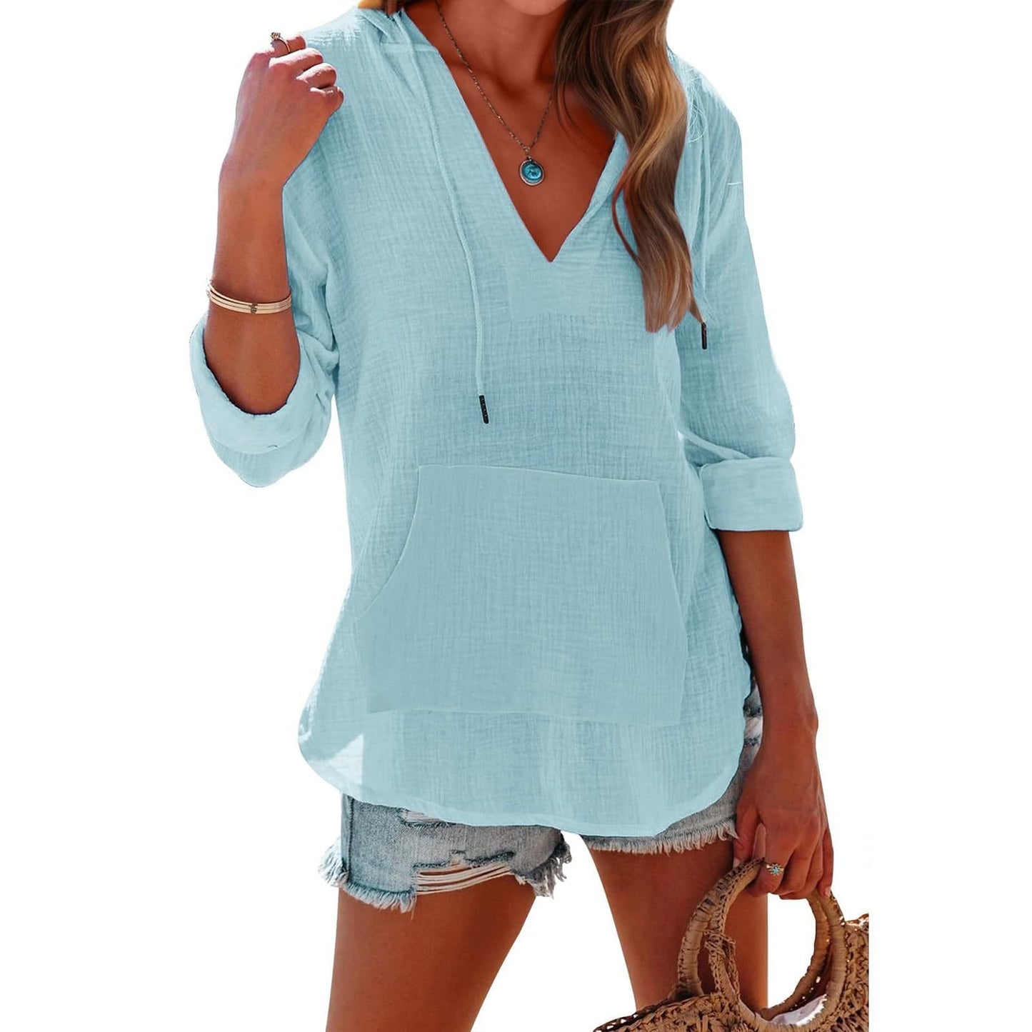 ⏰Limited Time Sale-50% OFF🏖️Women's Oversized Hooded Beach Cover Up - Long Sleeve V-Neck Pocket Shirt
