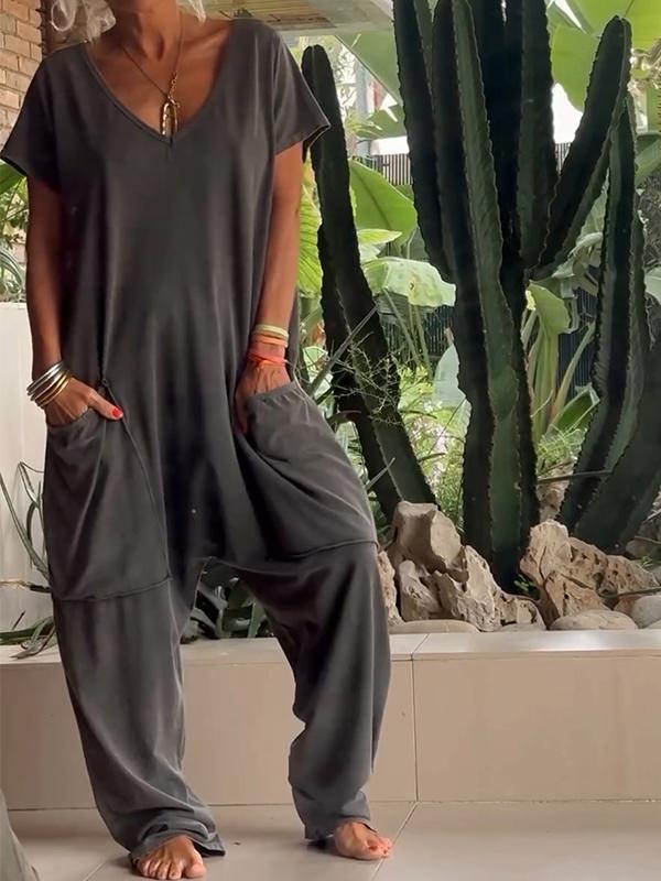 Casual V-neck Solid Color Jumpsuit