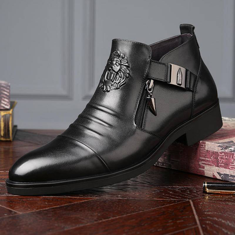 Men's Leather Ankle Boots with Double Side Zipper and Pointed Toe