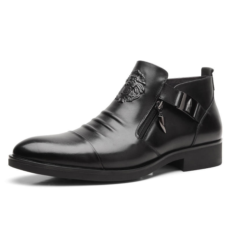 Men's Leather Ankle Boots with Double Side Zipper and Pointed Toe