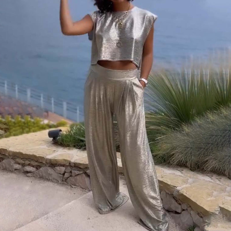 Free Delivery🔥Women's shiny loose crop top and wide-leg pants with pockets