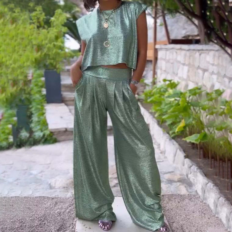 Free Delivery🔥Women's shiny loose crop top and wide-leg pants with pockets