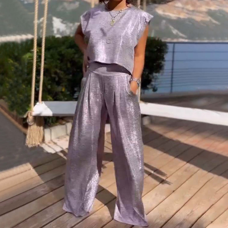 Free Delivery🔥Women's shiny loose crop top and wide-leg pants with pockets