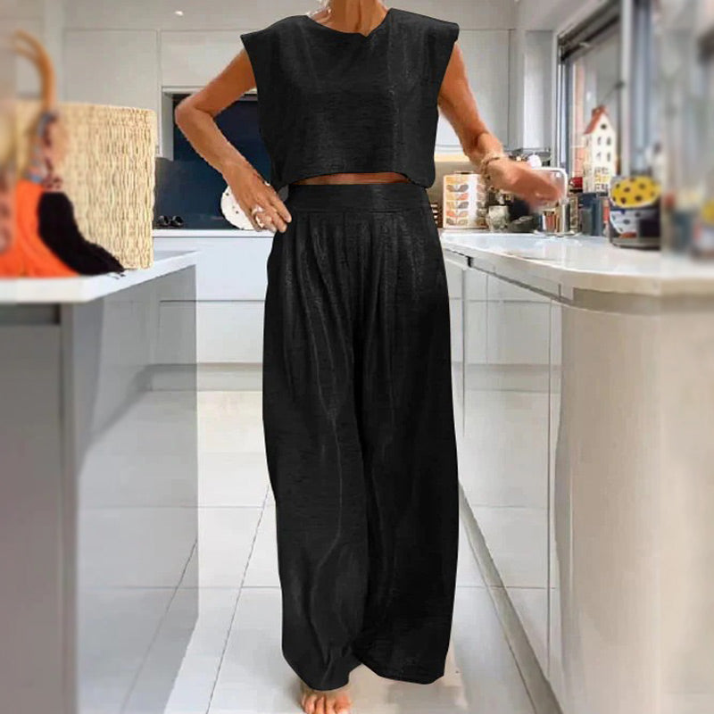 Free Delivery🔥Women's shiny loose crop top and wide-leg pants with pockets