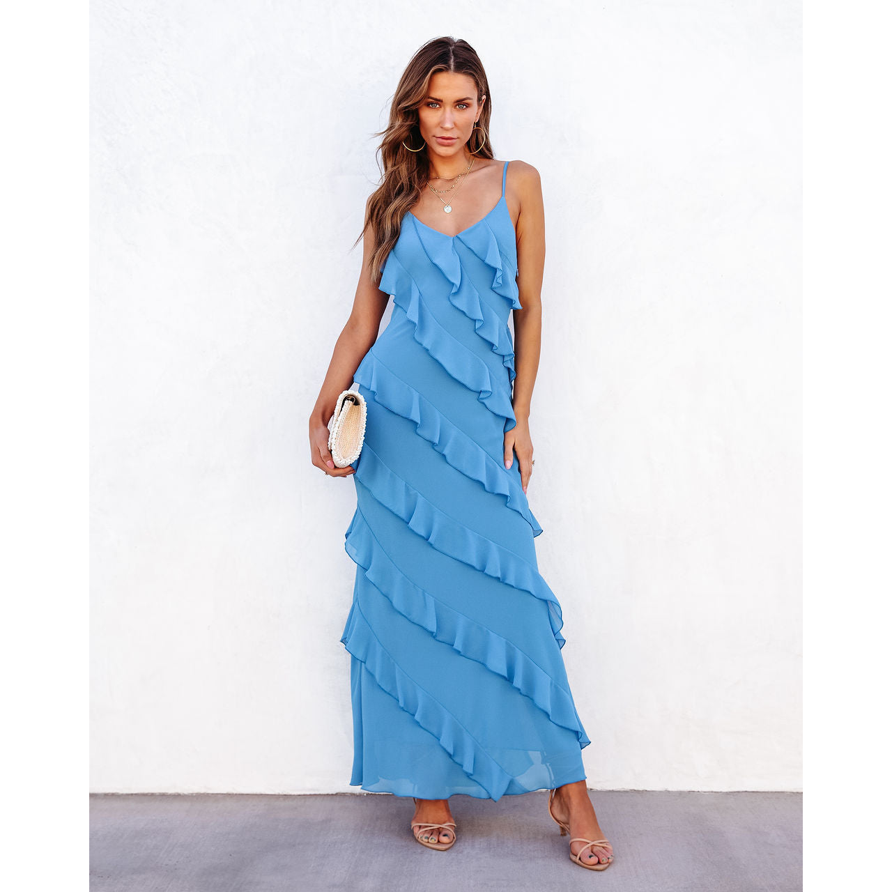 👗Spaghetti Strap Split Hem Ruffle Slim Dress