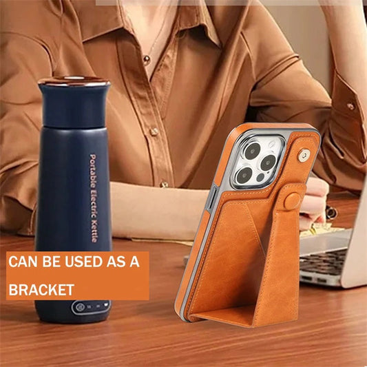 Full-cover Artificial Leather Case with Wristband Stand & Card Slot for iPhone 14/15 Series