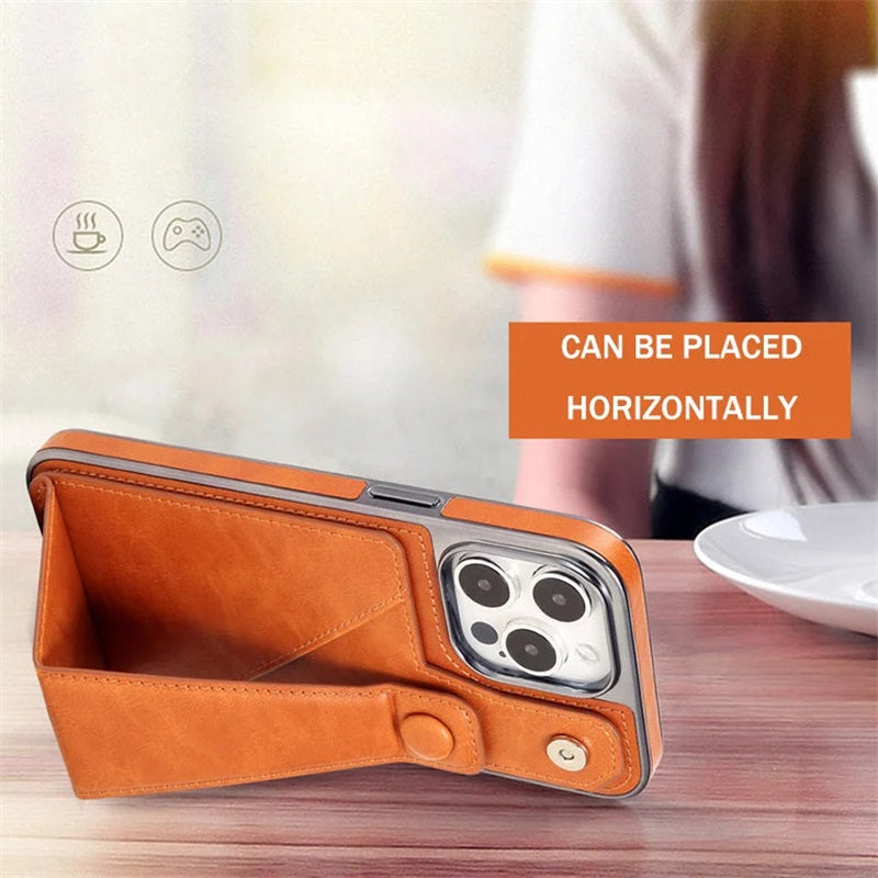 Full-cover Artificial Leather Case with Wristband Stand & Card Slot for iPhone 14/15 Series