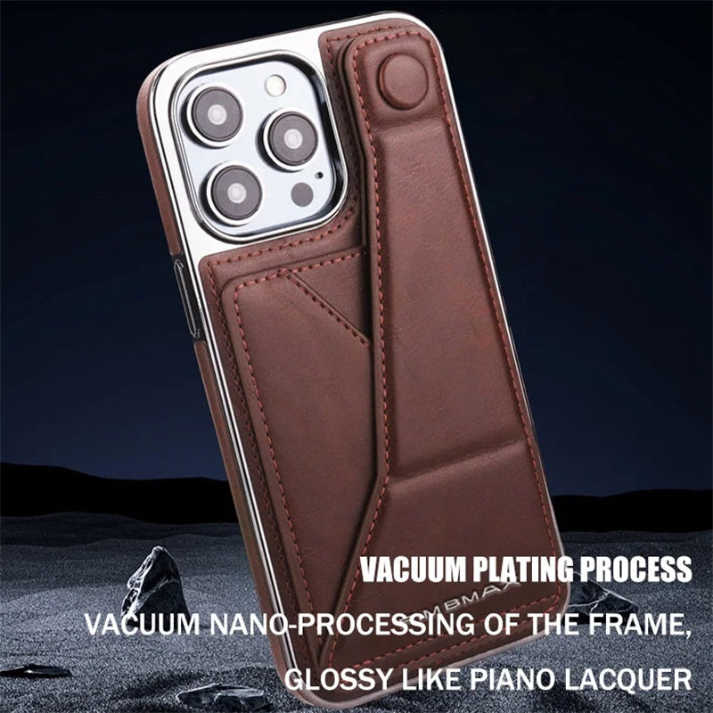 Full-cover Artificial Leather Case with Wristband Stand & Card Slot for iPhone 14/15 Series