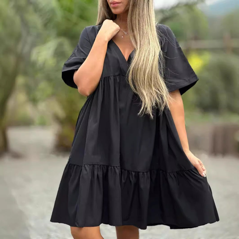 V Neck Ruffle Hem Babydoll Dress