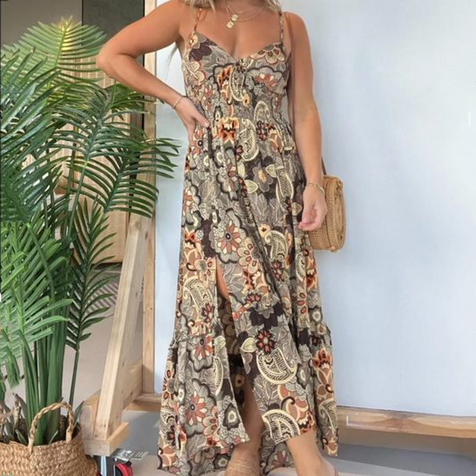 💕Women’s Sexy Spaghetti Strap Floral Print Long Dress