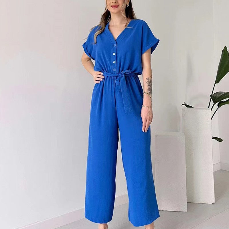 💖 Women's V-Neck Short Sleeve Casual Jumpsuit