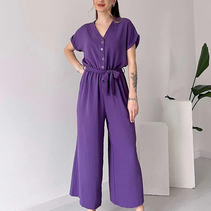 💖 Women's V-Neck Short Sleeve Casual Jumpsuit