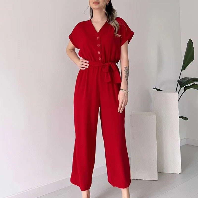 💖 Women's V-Neck Short Sleeve Casual Jumpsuit