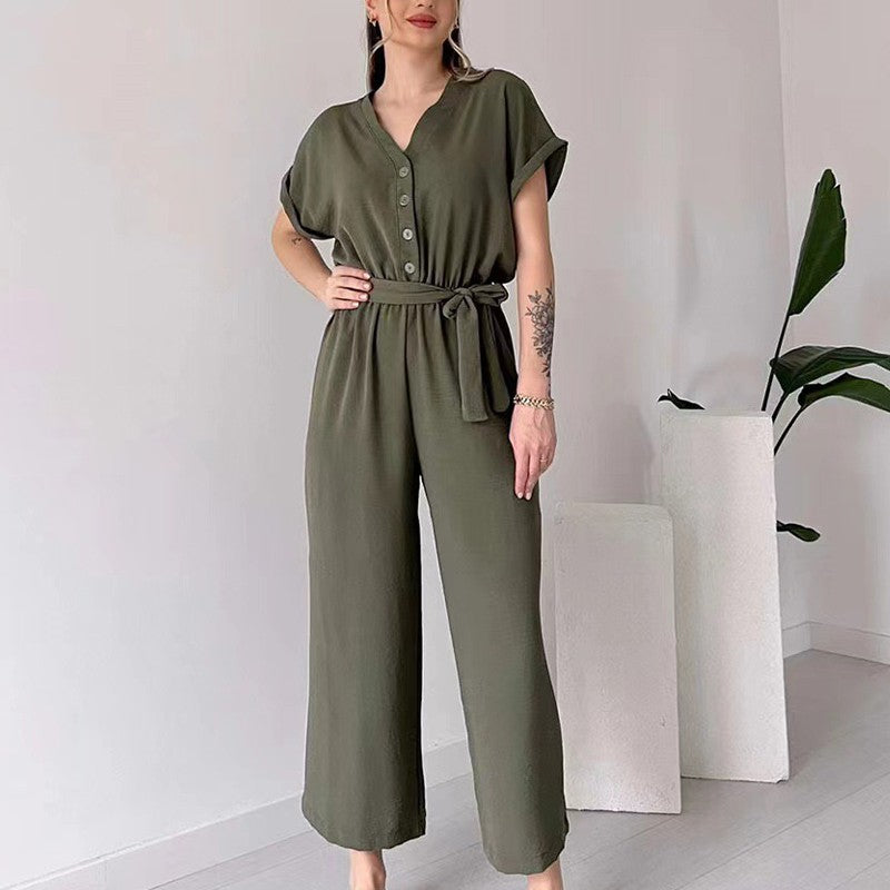 💖 Women's V-Neck Short Sleeve Casual Jumpsuit