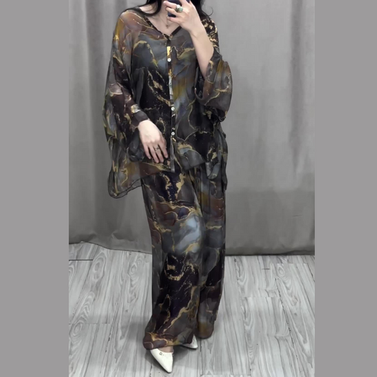 💥Half the price, double the fun! 💃Women 2 Piece Outfits Elegant Printed Top Loose Wide Leg Pants