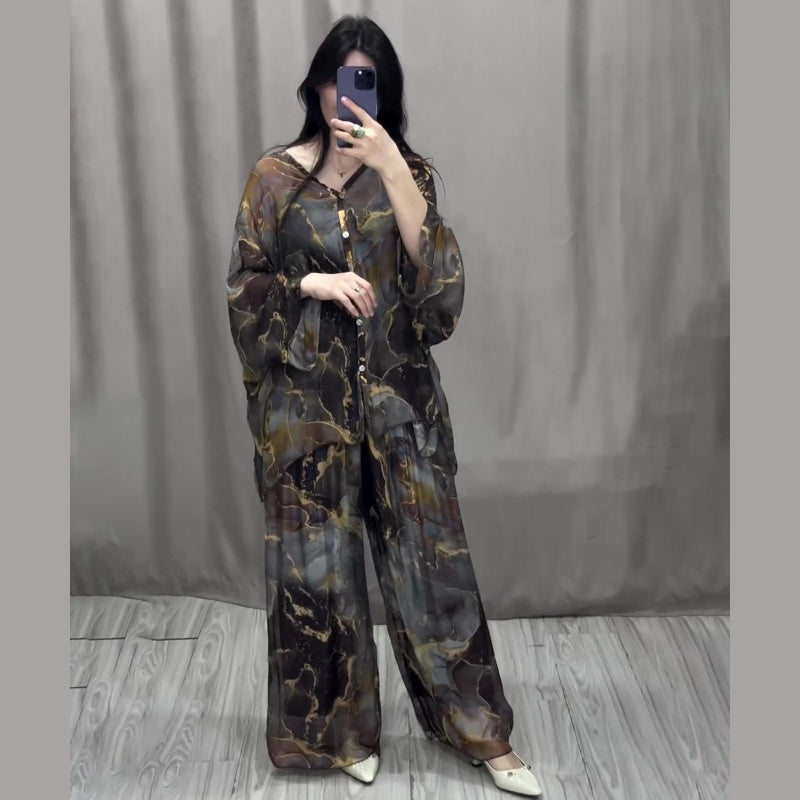 💥Half the price, double the fun! 💃Women 2 Piece Outfits Elegant Printed Top Loose Wide Leg Pants