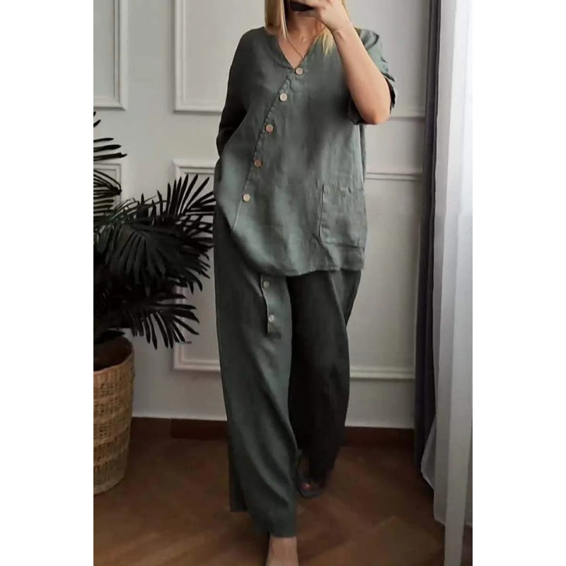 💥Summer Hot Sale 47% OFF💥Women's Casual Loose 2-Piece Set with Chic Button Embellishment