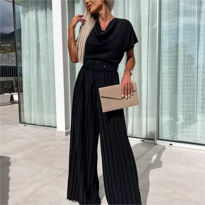 Solid Color High Waist Pleated Leg Jumpsuit