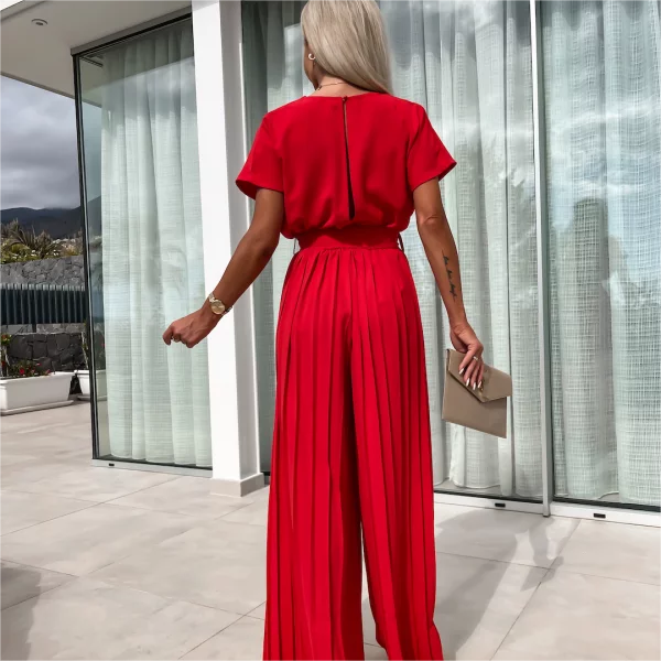 Solid Color High Waist Pleated Leg Jumpsuit