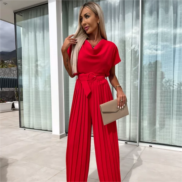 Solid Color High Waist Pleated Leg Jumpsuit