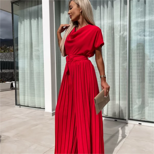 Solid Color High Waist Pleated Leg Jumpsuit