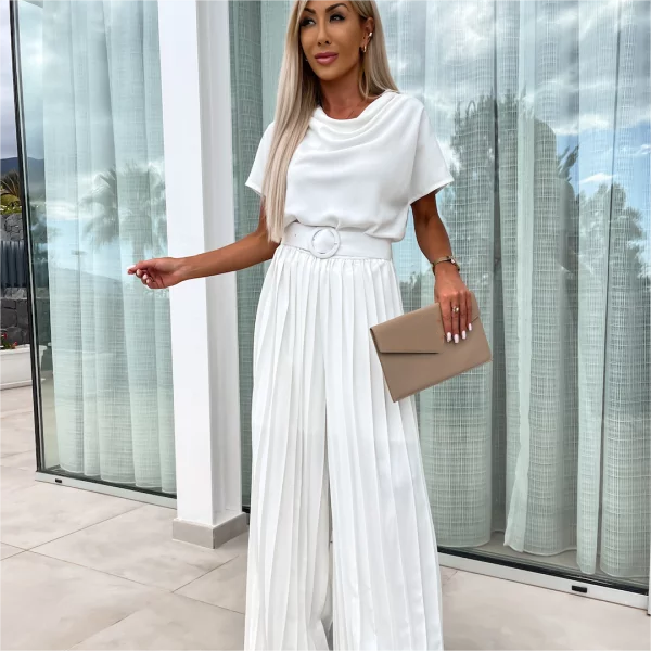 Solid Color High Waist Pleated Leg Jumpsuit