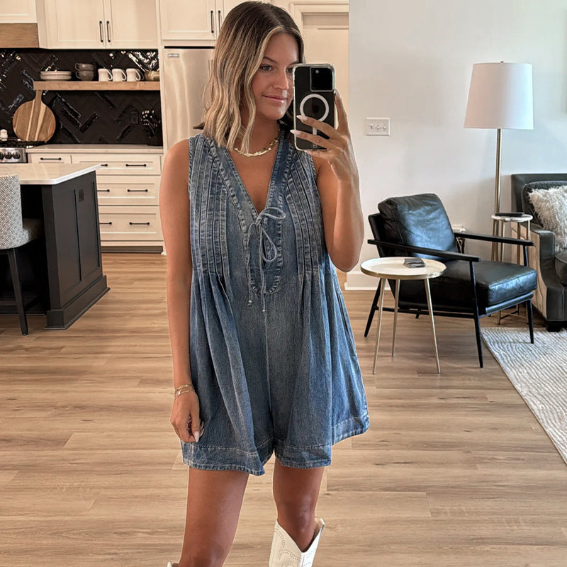 Women’s Casual Pleated Sleeveless V-Neck Denim Romper