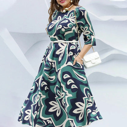 Fashion Printed Round Neck Belted Long Dress