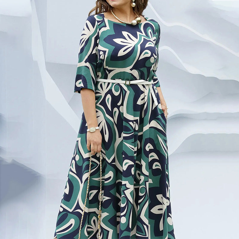 Fashion Printed Round Neck Belted Long Dress