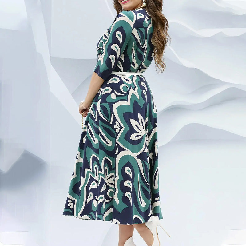 Fashion Printed Round Neck Belted Long Dress