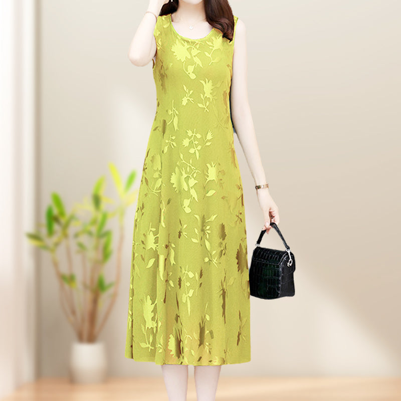 Round Neck Sleeveless Embossed Midi Dress