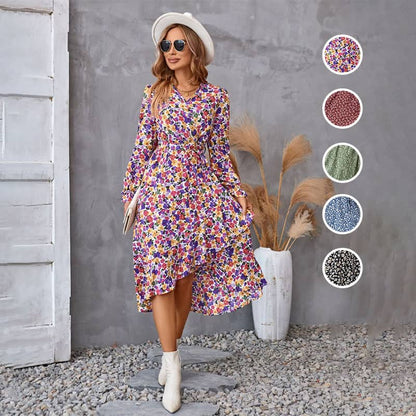 🦋New products hot selling🦋V-Neck Floral Irregular Hem Waist Cinching Dress