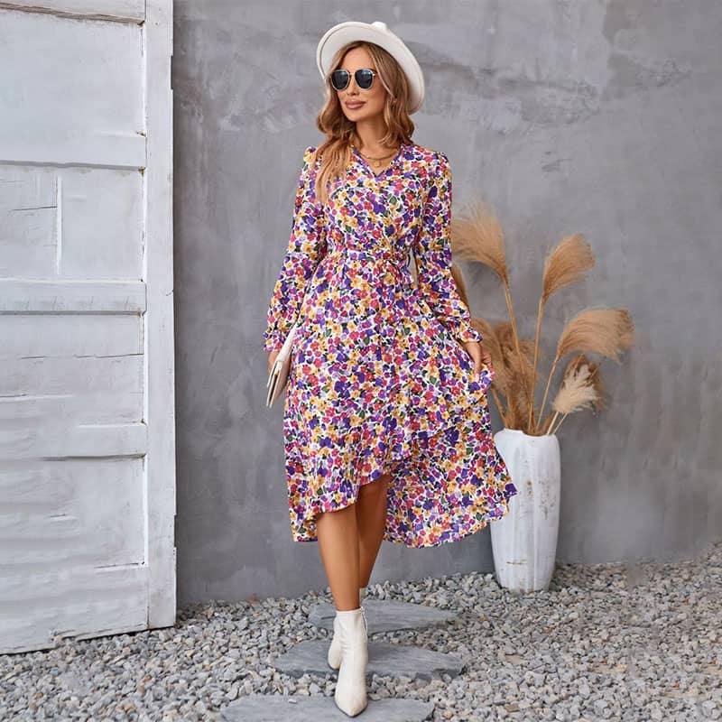 🦋New products hot selling🦋V-Neck Floral Irregular Hem Waist Cinching Dress