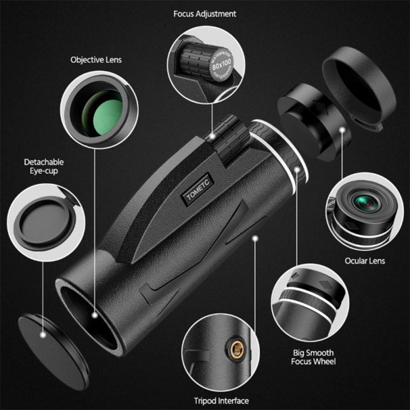 80x100 Monocular Telescope with Smartphone Adapter & Tripod