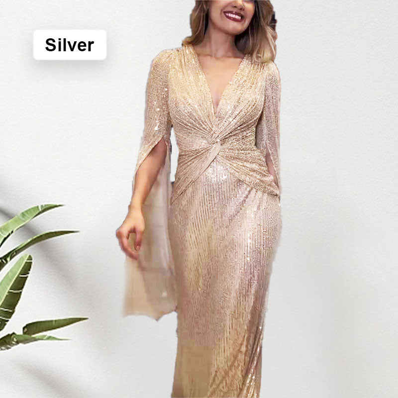 ✨Sequined V-Neck Evening Dress with Pleated Hem