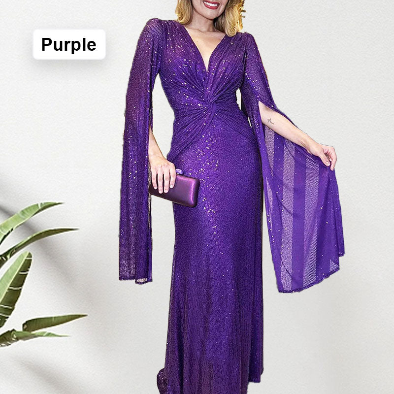 ✨Sequined V-Neck Evening Dress with Pleated Hem