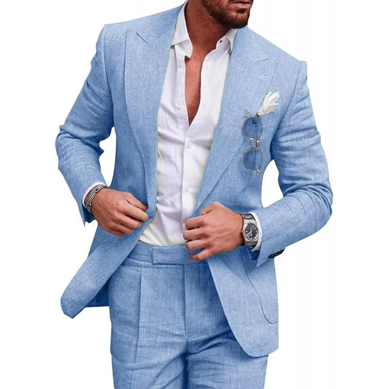 Men’s Breathable Linen Formal Suit Blazer and Pants 2-piece Set