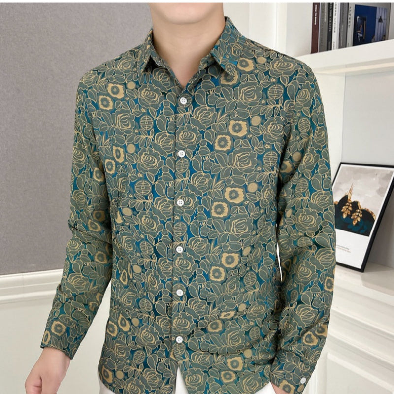 Men's Casual Printed Stretch Long Sleeve Shirt