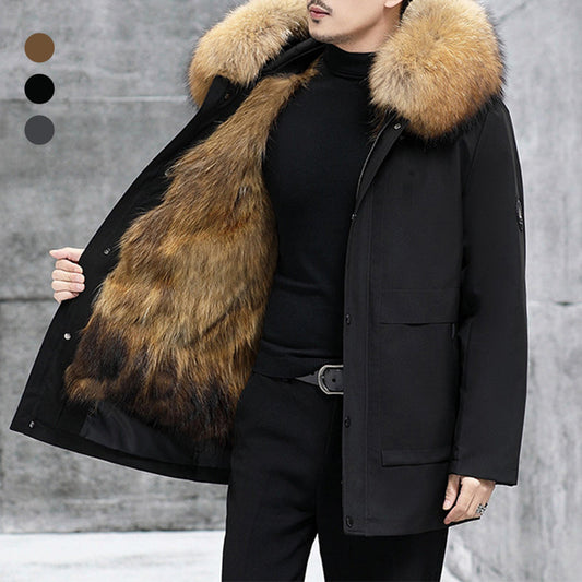 Genuine luxury-Men's Leather Fox Fur Mid-Length Hooded Fur Coat