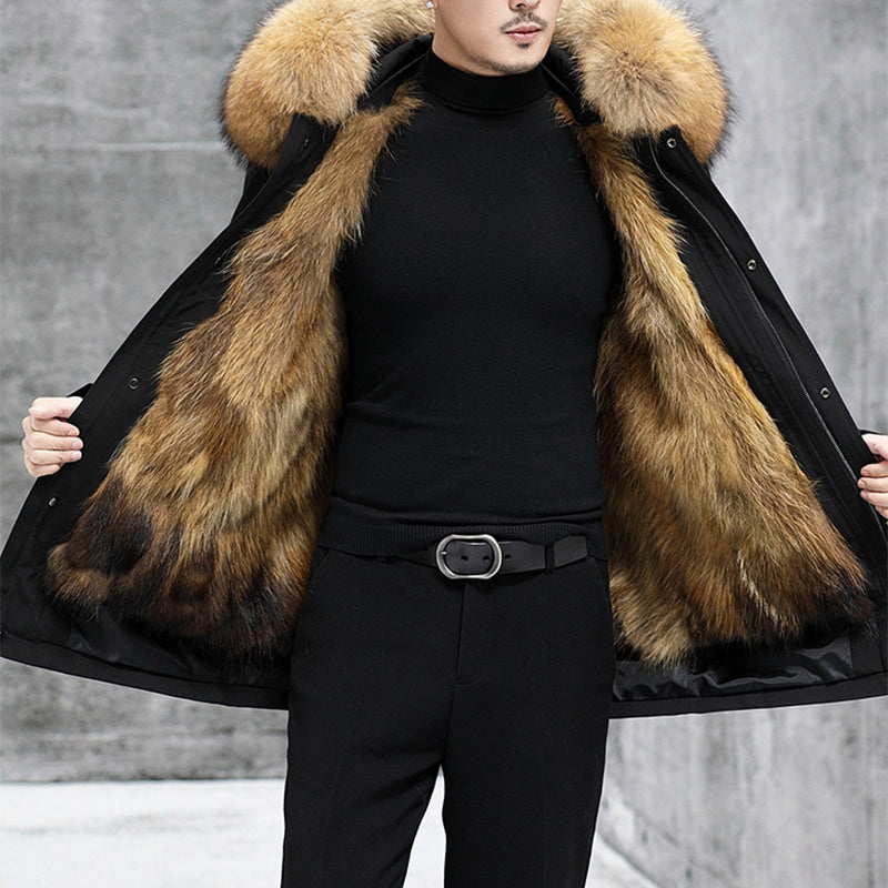 Genuine luxury-Men's Leather Fox Fur Mid-Length Hooded Fur Coat